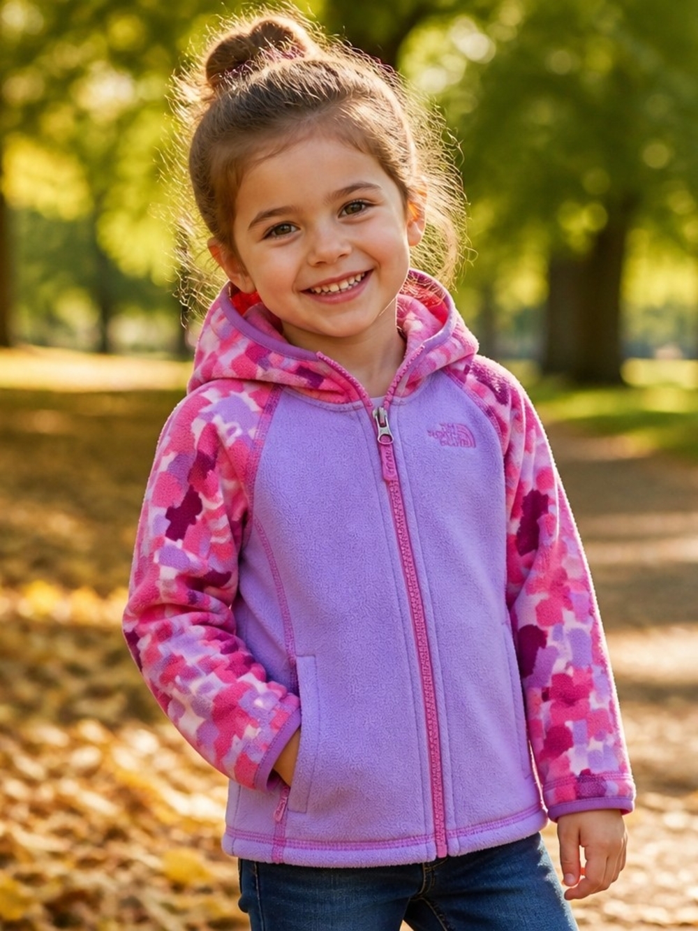 The North Face Kids Lavender Fleece Hoodie with Pink Patterned Sleeves